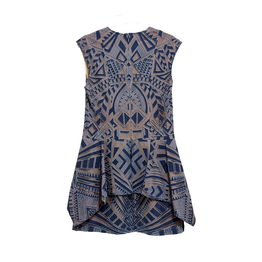 BCBGMAXAZRIA Navy Blue Tan Geometric Lace Peplum High Low Mini Dress Size 4 - Picture 2 of 4